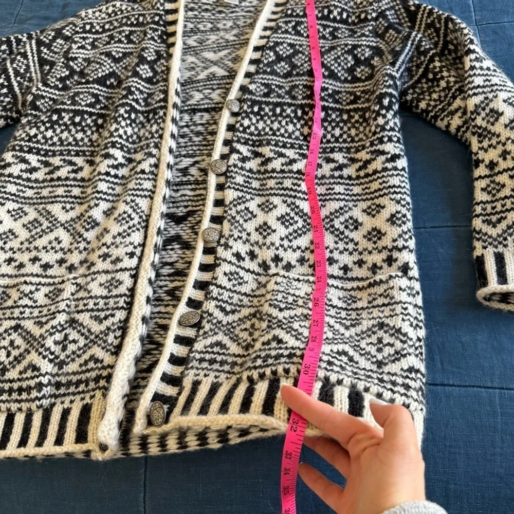 Wool Blend Long Cardigan Sweater Black white fair isle metal buttons Small